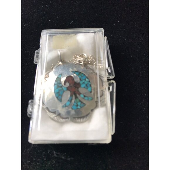 Vtg 1960's Peyote Bird Pendant Inlaid Chipped Turquoise & Coral Stamped Sterling - Picture 7 of 10
